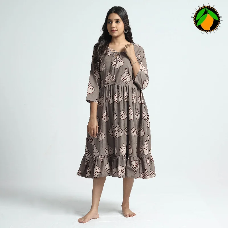 Brown - Bindaas Art Block Printed Cotton Dress