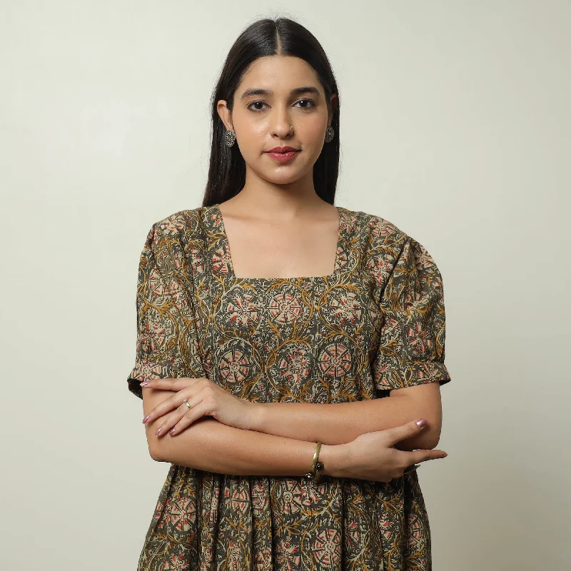 Brown - Kalamkari Block Printed Cotton Tiered Dress 11