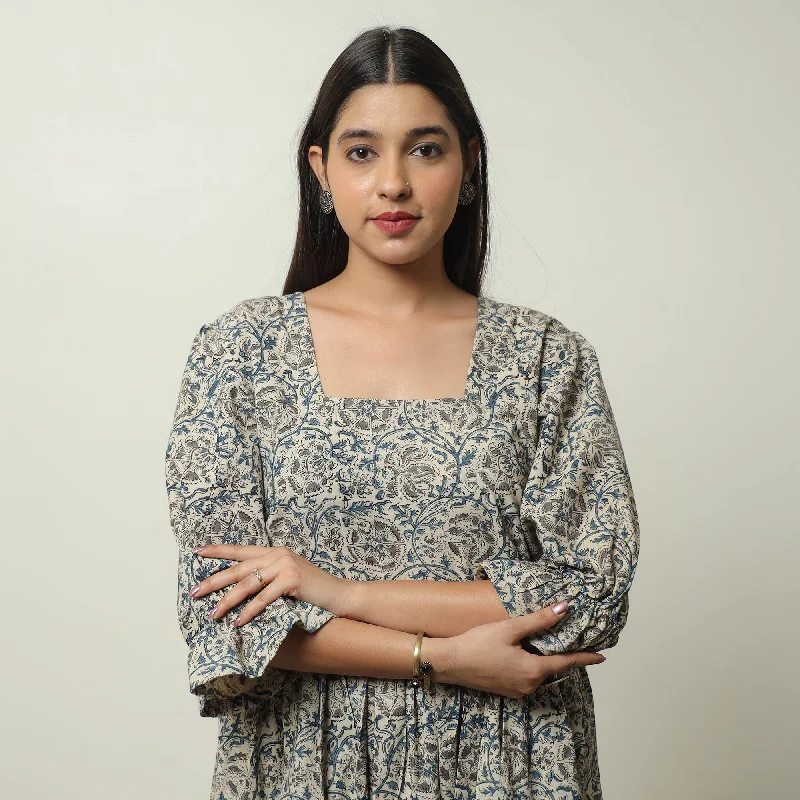 Grey - Pedana Kalamkari Block Printed Cotton Tiered Dress 05
