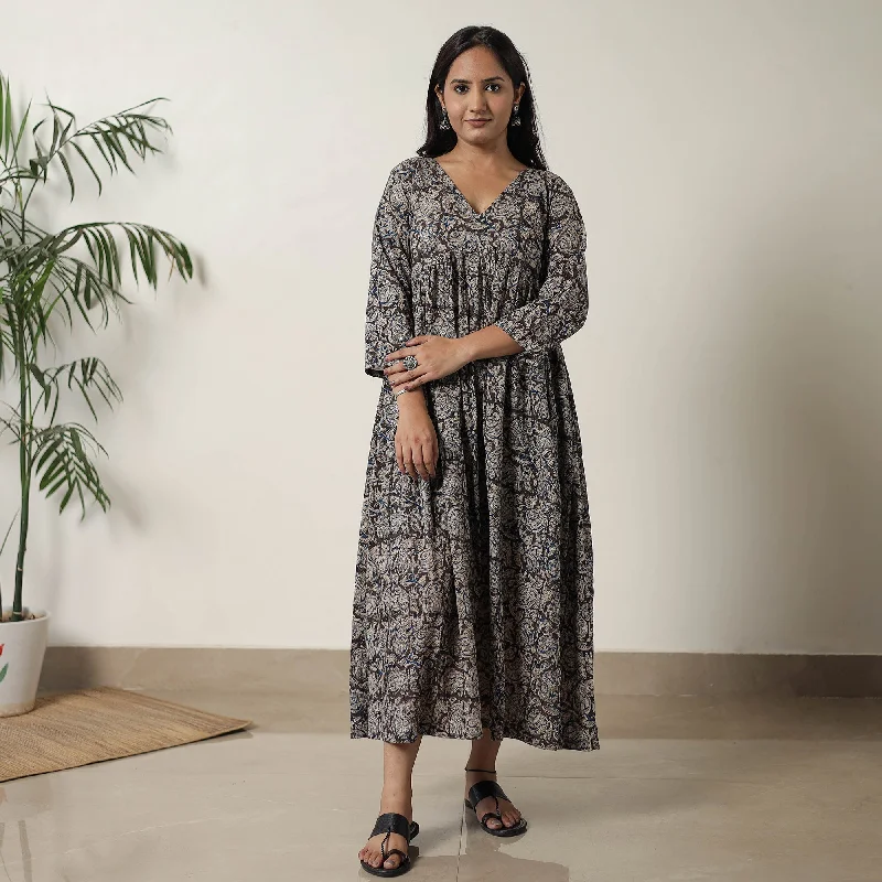 Black - Pedana Kalamkari Block Printed Cotton Flared Dress 08