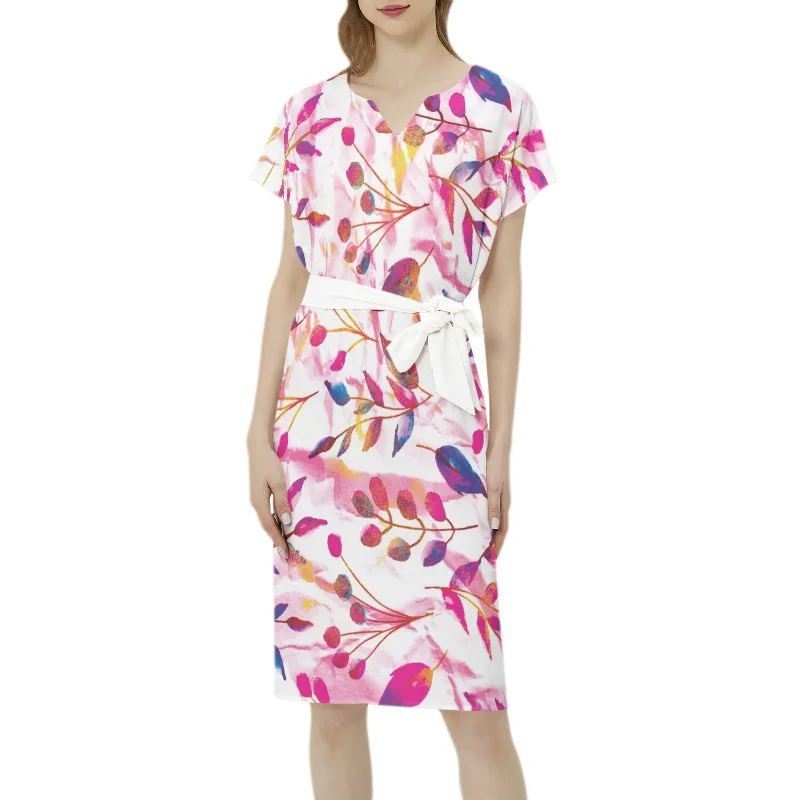 Betwing Seleeve Notch Neck Casual Dress with Belt