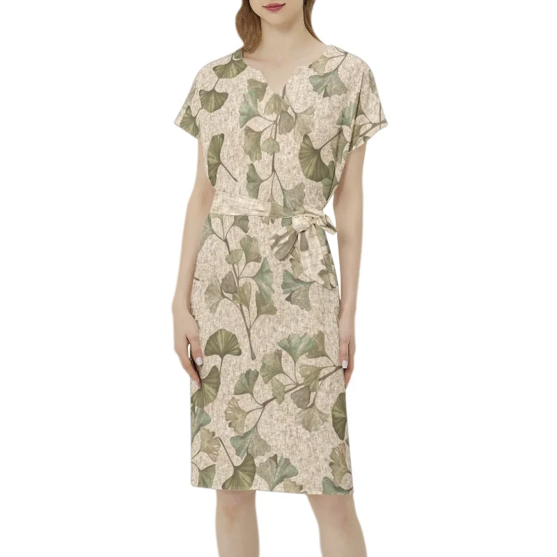 Betwing Seleeve Notch Neck Casual Dress with Belt