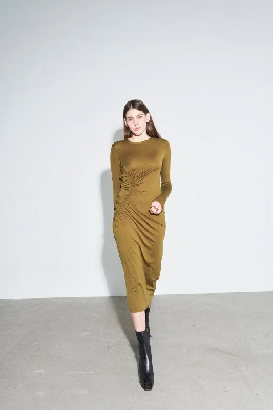 Khaki ruched silk blend  jersey dress Daubioji
