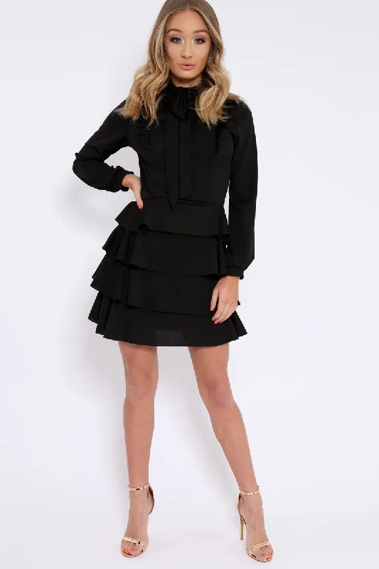 Black Frill Tie Bow Dress - Sania