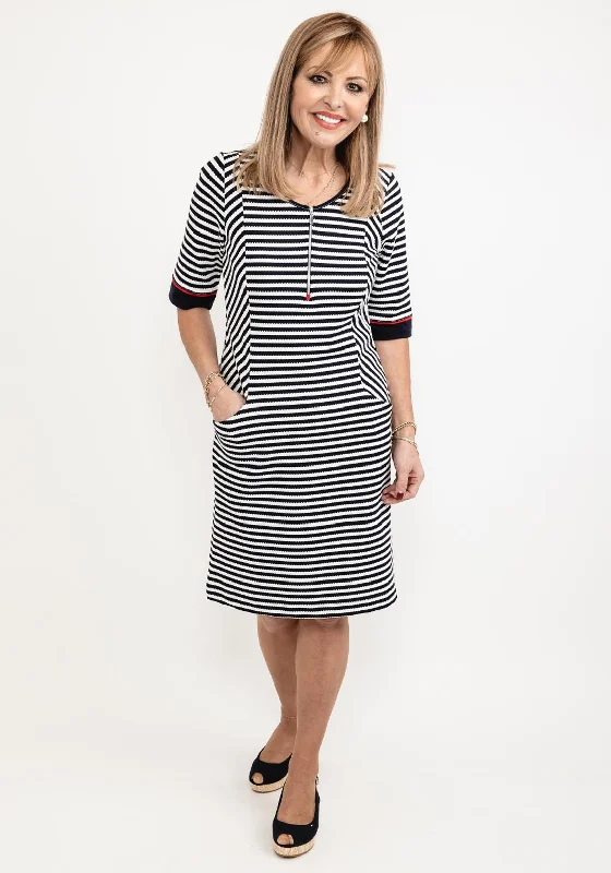 Dolcezza Striped Woven Knee Length Dress, Navy & White
