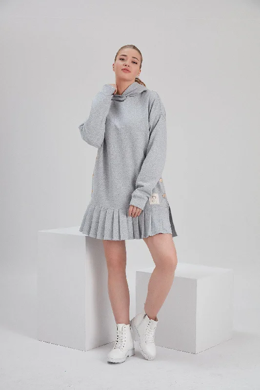 Recycled Cotton and Polyester Tiered Fleece Dress in Light Grey