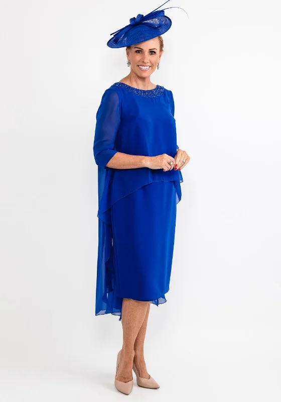 Gabriela Sanchez Draped Chiffon Cape Dress, Cobalt Blue