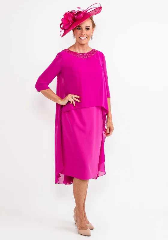 Gabriela Sanchez Draped Chiffon Cape Dress, Fuchsia