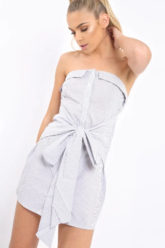 Grey Stripe Bardot Tie Around The Waist Dress - Gwen