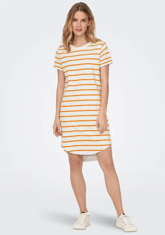 JDY Ivy Striped Casual Jersey Dress, Cloud Dancer & Apricot