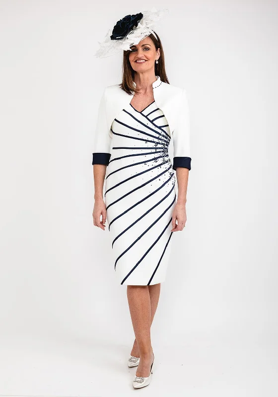John Charles Illusion Stripe Bolero & Dress, Ivory & Navy