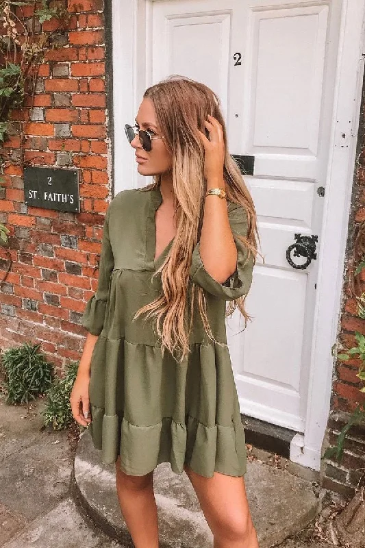 Khaki Tiered Ruffle Shift Dress - Abri
