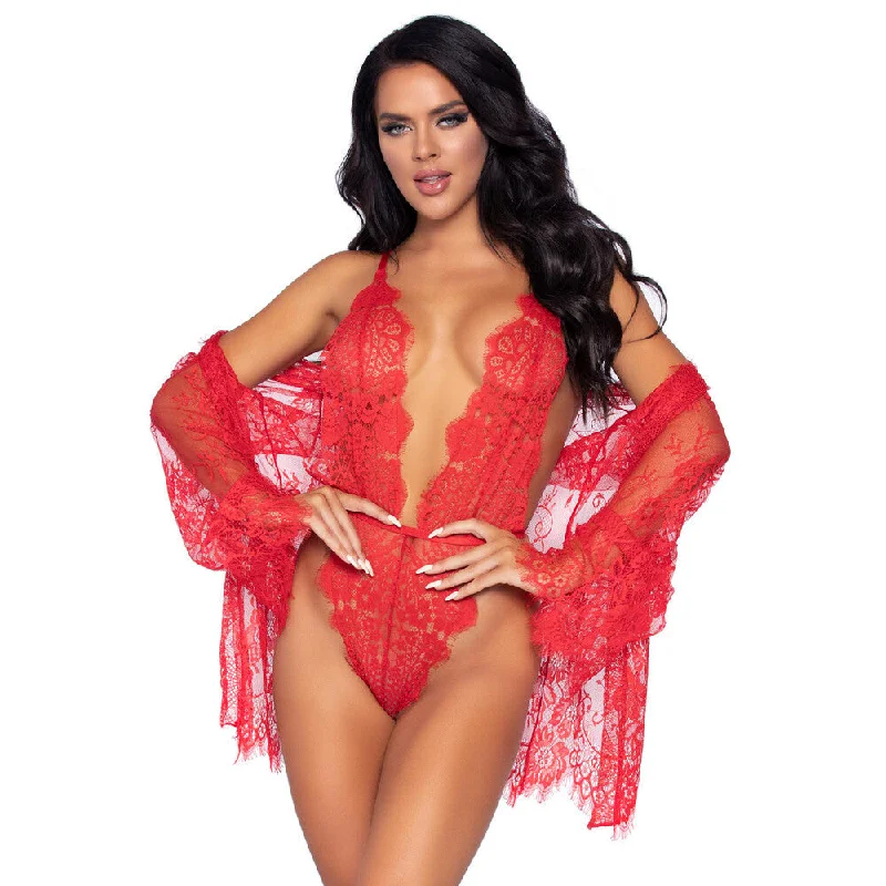 Leg Avenue Floral Lace Teddy And Robe Red
