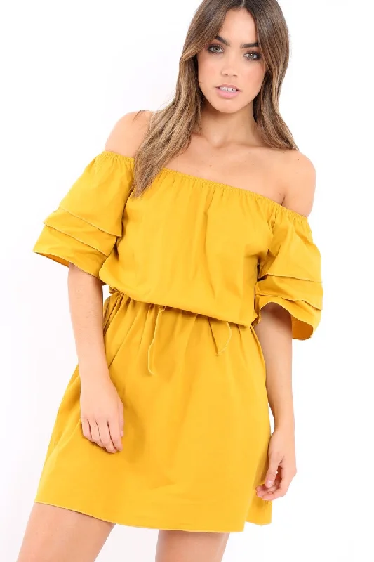 Mustard Bardot Dress with Ruffled Sleeves - Breena