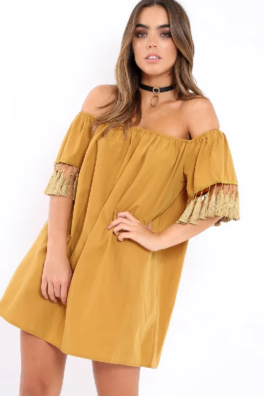 Mustard Shift Dress With Tassle Sleeves - Danielle