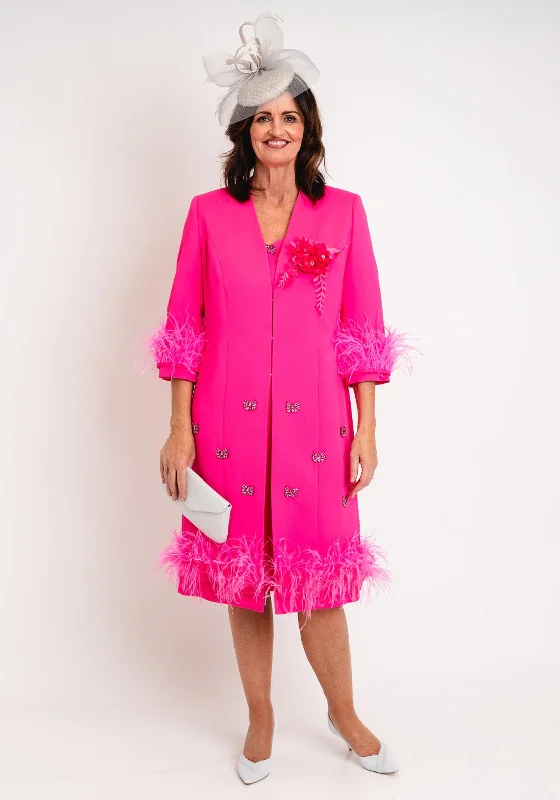 Ophelia Melita Boa Feather Trim Jacket & Dress Set, Cerise