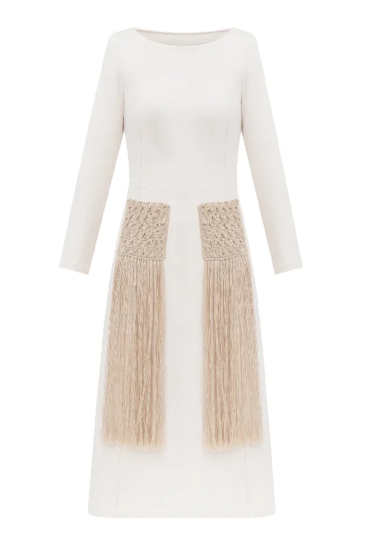 Eco-Friendly Organic Cotton dress with hand knitted pockets and fringing