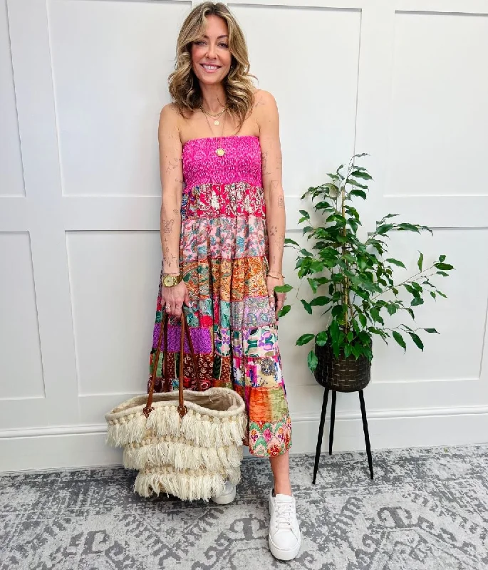Pink Mix Pastel Silk Blend Patchwork Dress