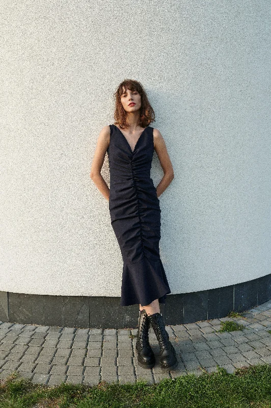 Upcycled Rushed Wool Dress Lelija in Black