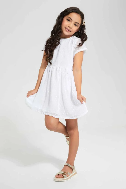 White Frilled Dobby Dress
