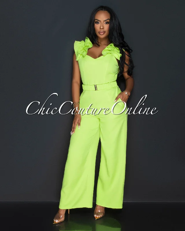 Adanna Lime Ruffle Sleeves Wide Legs Jumpsuit