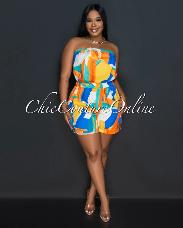 Blanka Cream Multi-Color Print Cargo Strapless Romper