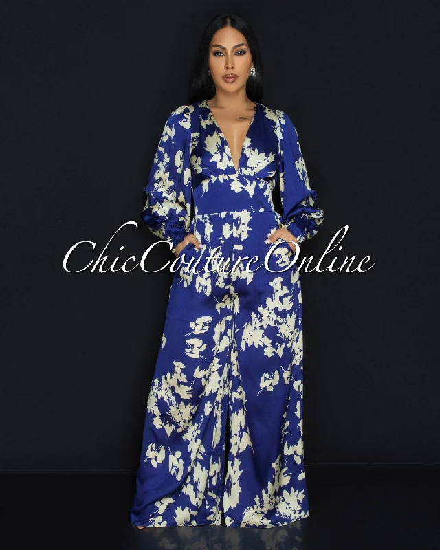 Foxxy Blue Cream Floral Silky Wide Legs Jumpsuit