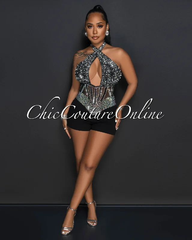 Gregor Black Mesh Iridescent Rhinestones Halter Romper