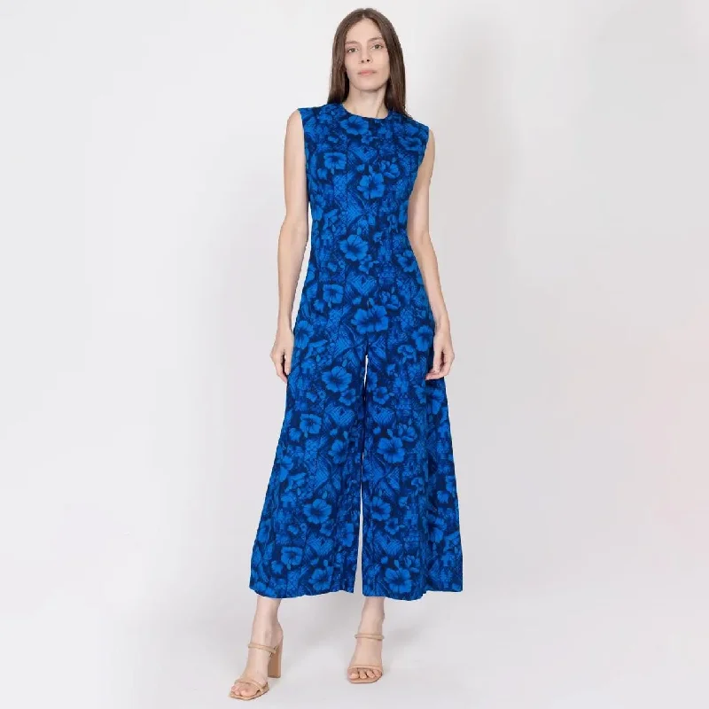 Medium 70s Blue Tropical Floral Palazzo Jumpsuit