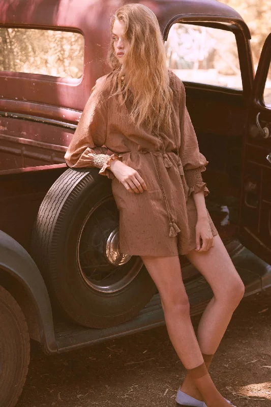 Poetic Heart Jacquard Peasant-Sleeve Belted Romper