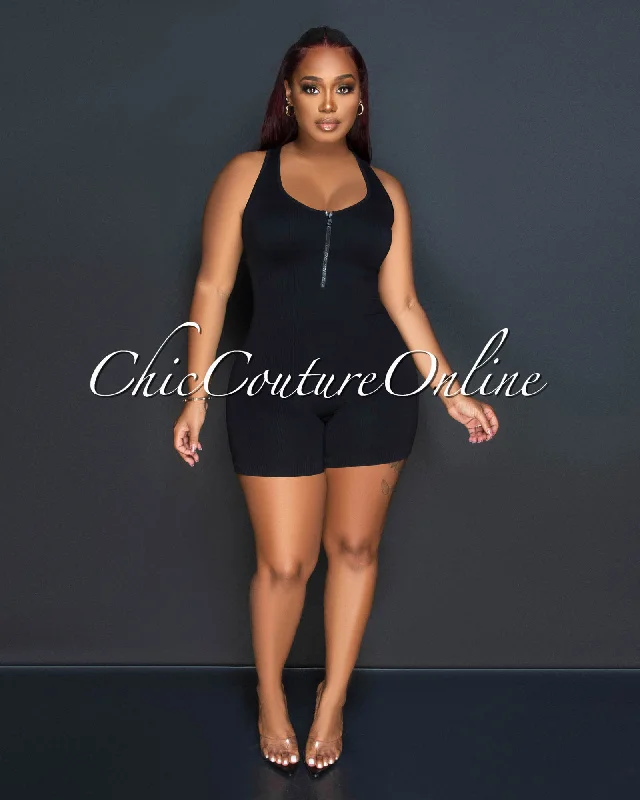 Saira Black Ribbed Racer Back Body-Con Romper
