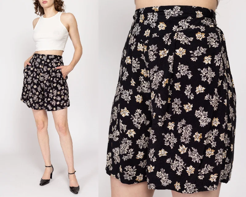 Sm-Med 80s Black Floral Rayon Shorts