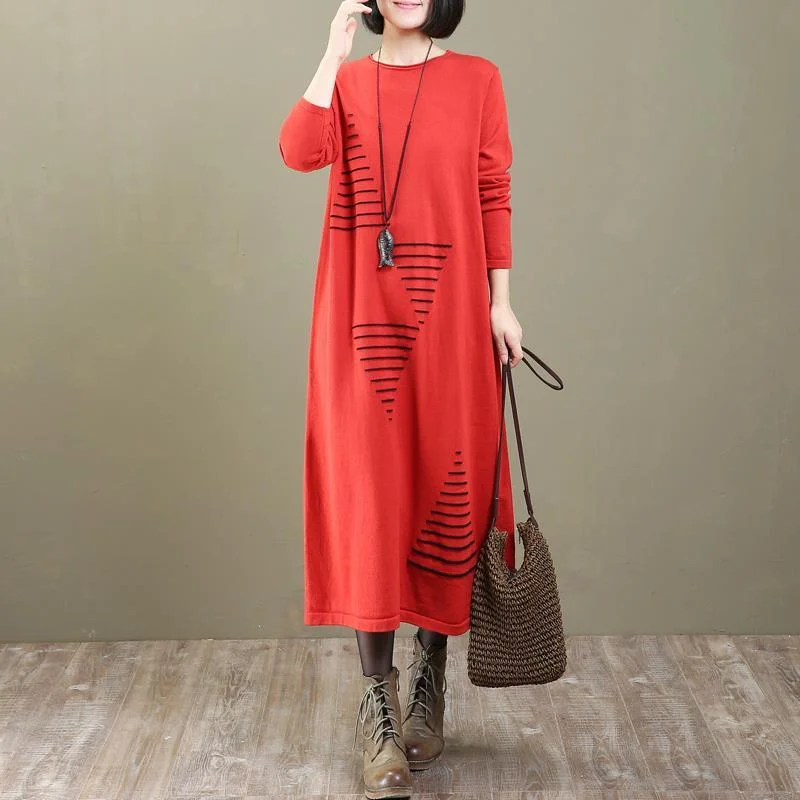 stylish red print knit dress plus size clothing pullover New long sweaters