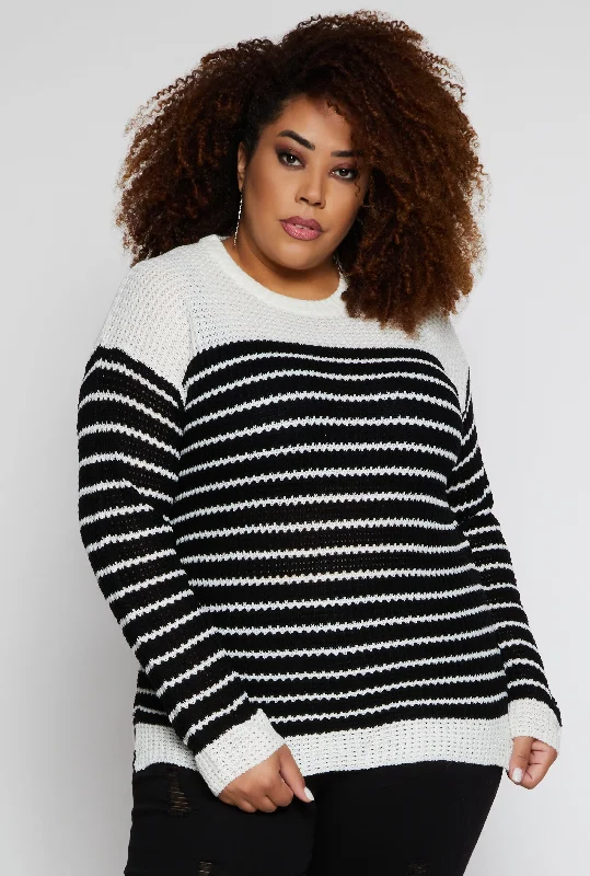 Plus Size Crew Neck Striped Sweater