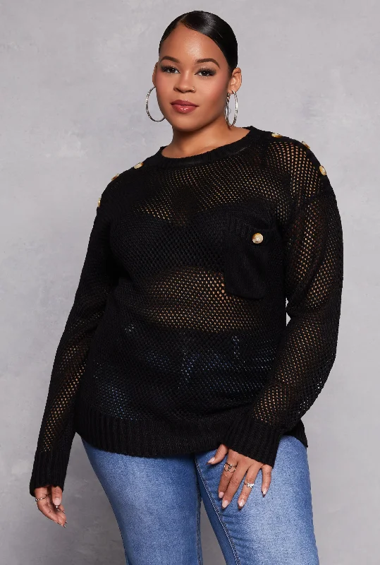 Plus Size Crochet Faux Button Detail Pocket Sweater