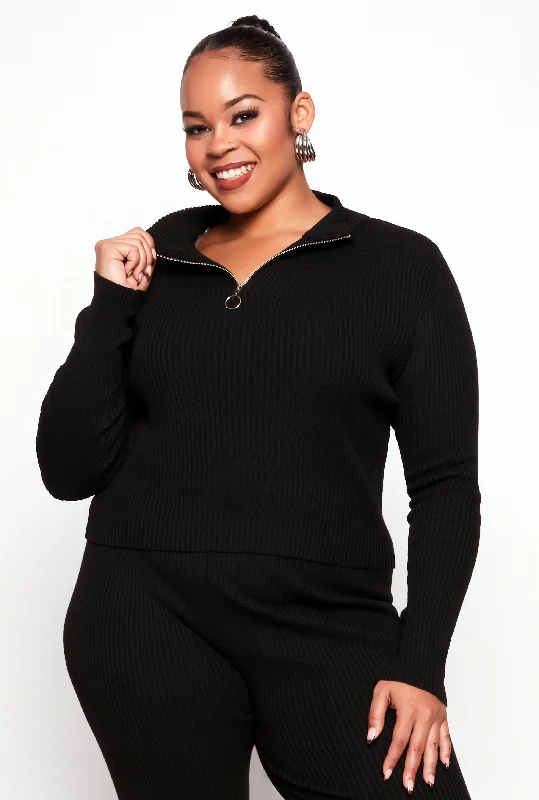 Plus Size Ribbed Knit Zip Neck Sweater