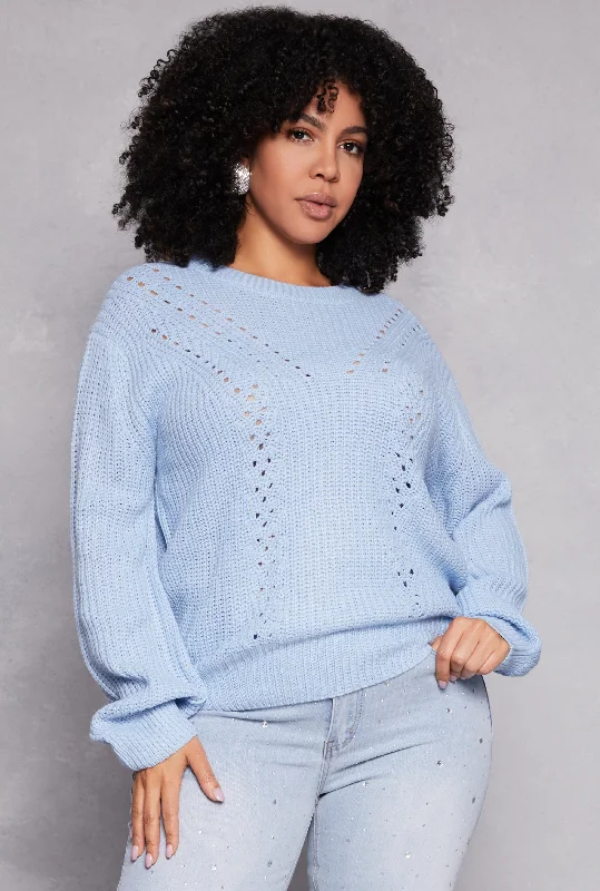 Plus Size Pointelle Knit Crew Neck Sweater