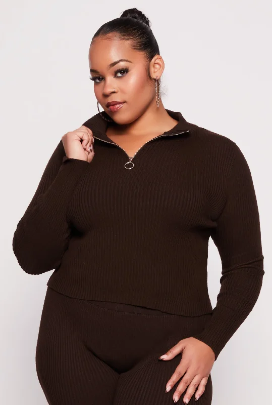Plus Size Ribbed Knit Zip Neck Sweater
