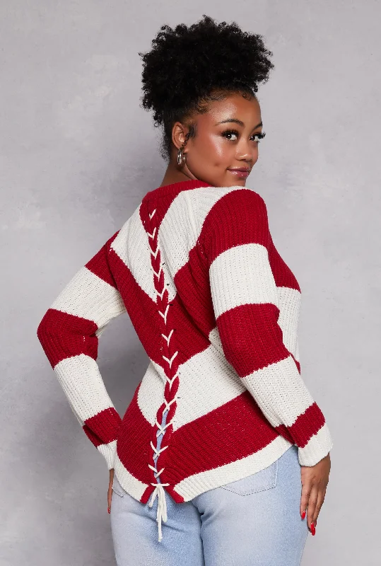 Plus Size Chevron Knit Lace Up V Neck Sweater