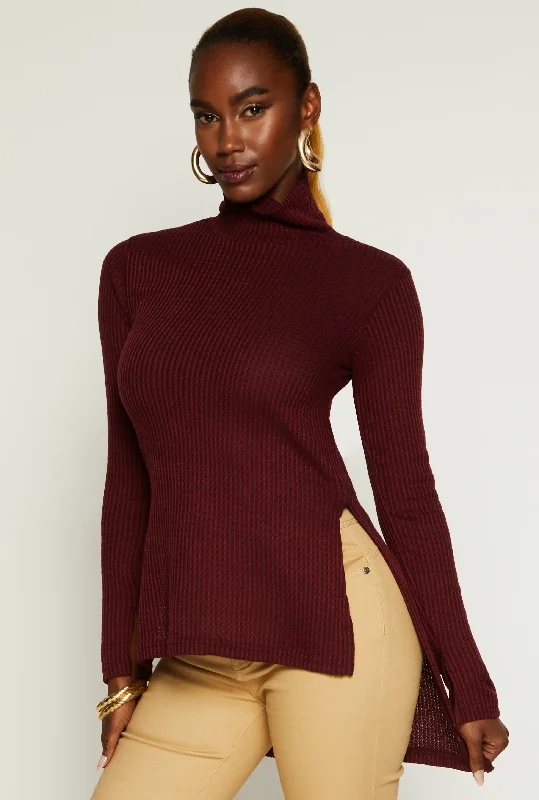 Waffle Knit Turtleneck High Low Top