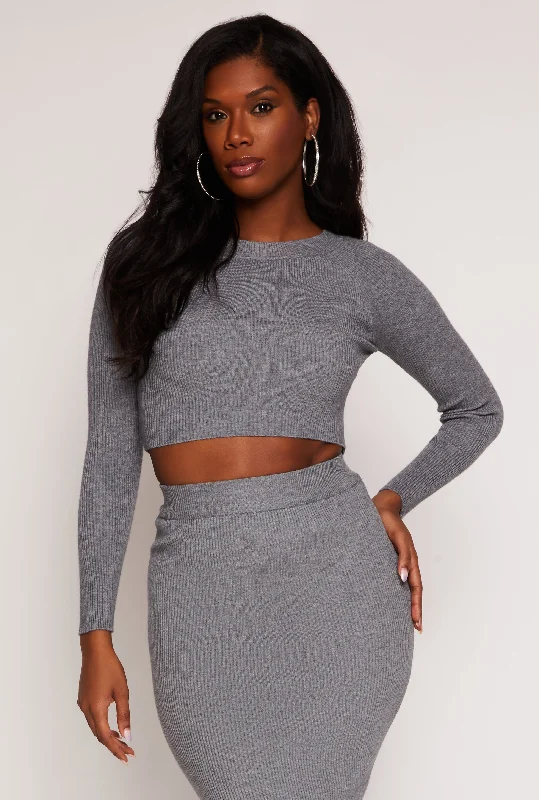 Rib Knit Cropped Crew Neck Sweater