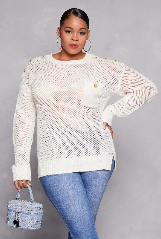 Plus Size Crochet Faux Button Detail Pocket Sweater