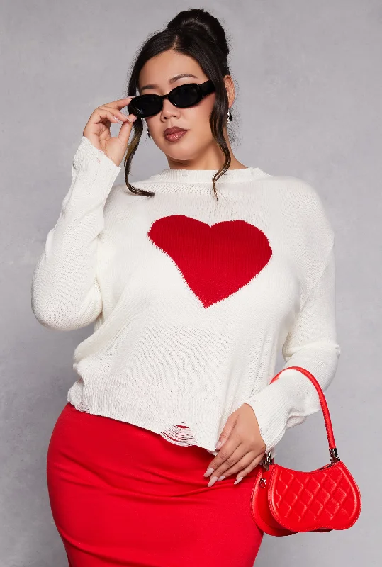 Plus Size Heart Distressed Sweater