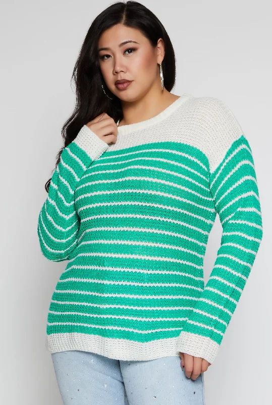 Plus Size Crew Neck Striped Sweater
