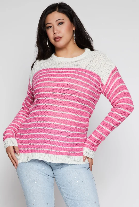Plus Size Crew Neck Striped Sweater