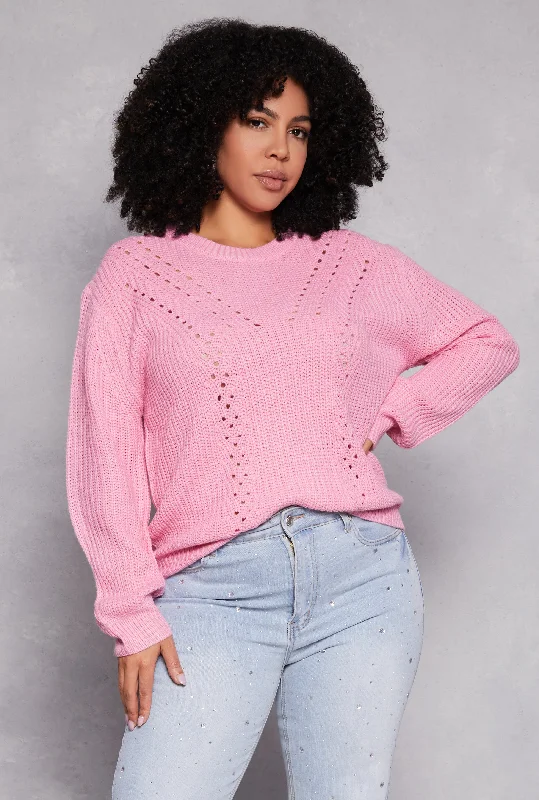 Plus Size Pointelle Knit Crew Neck Sweater