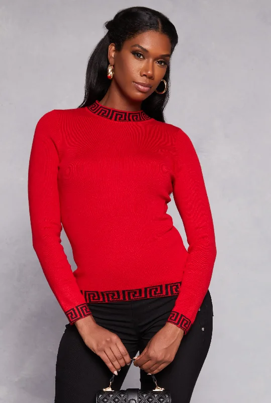 Greek Key Trim Mock Neck Sweater