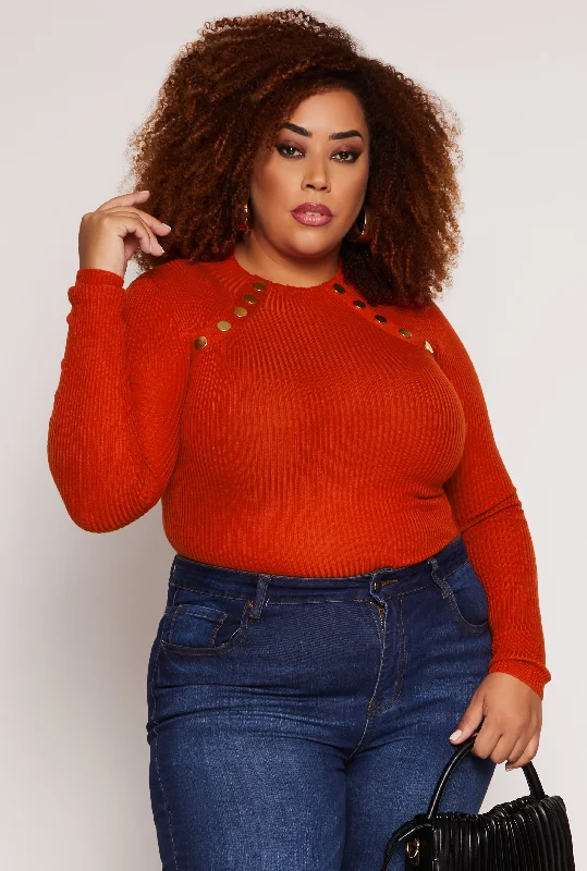 Plus Size Button Detail Crew Neck Sweater