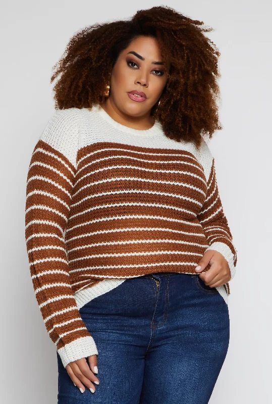 Plus Size Crew Neck Striped Sweater
