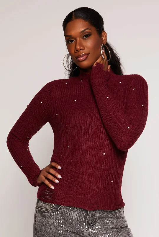 Rhinestone Studded Distressed Sweater